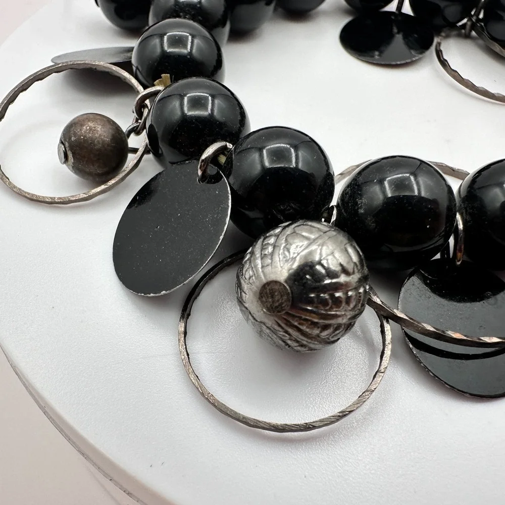 Vintage 90s Silver Tone Black Beaded Charm Bracelet Women's Jewelry